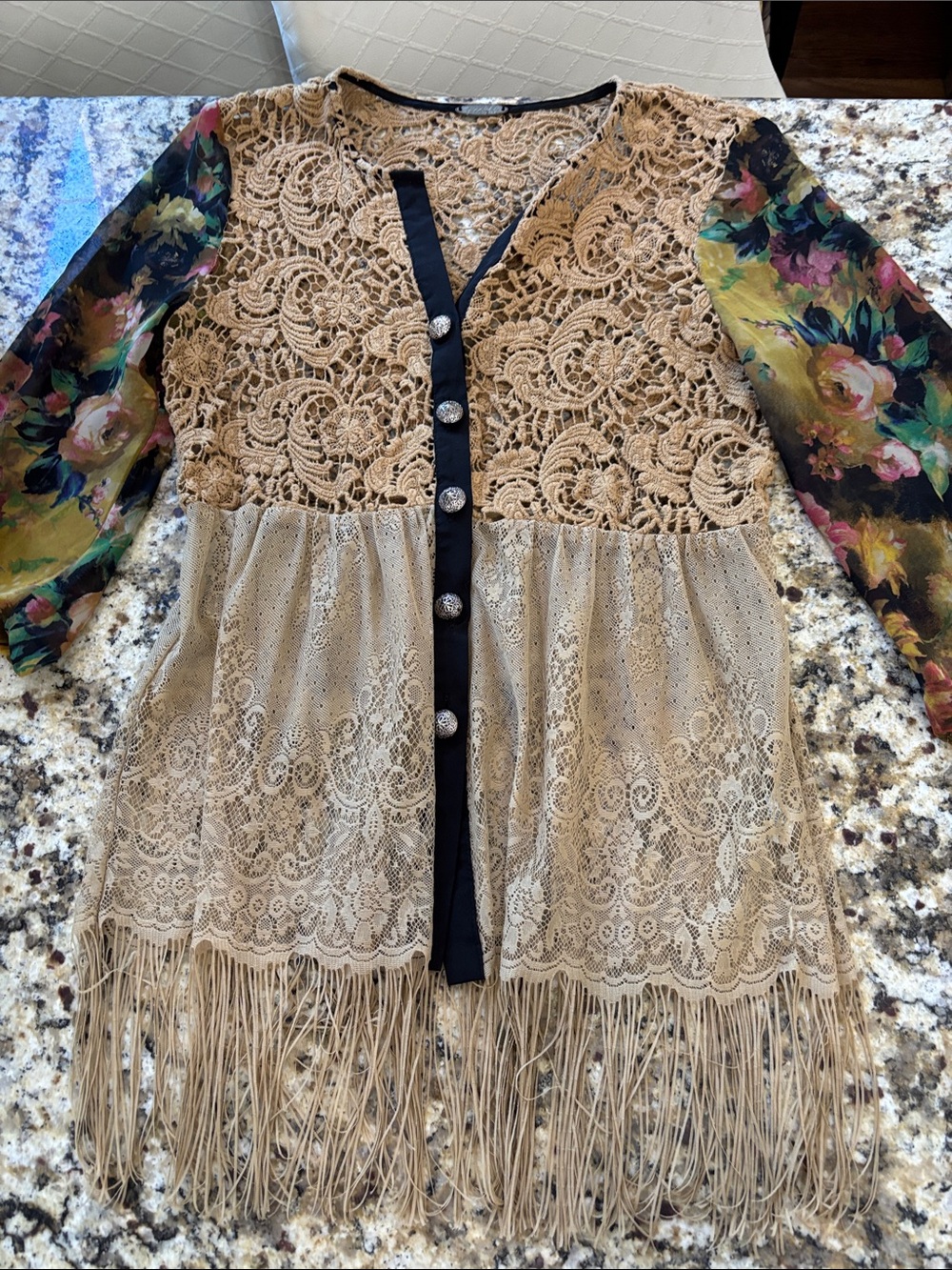 gimmicks by BKE Beige Lace Tunic with Floral Sleeves and Fringe